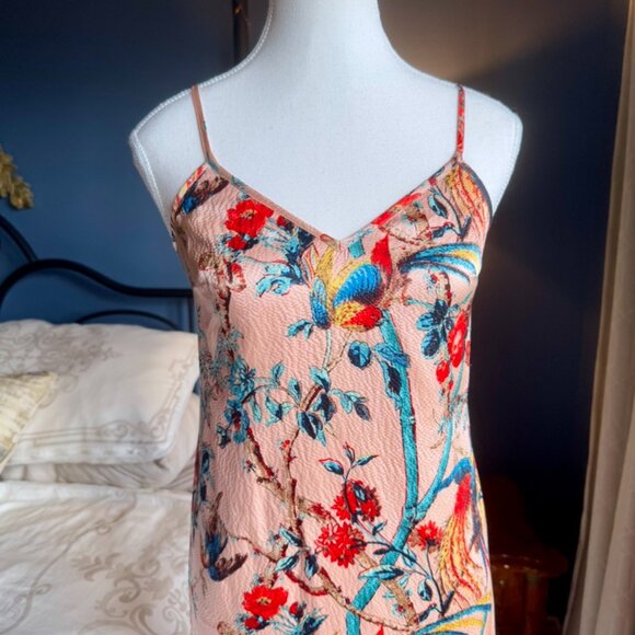 Pink 100% Silk Floral Bird Print Cami Dress - Picture 8 of 16